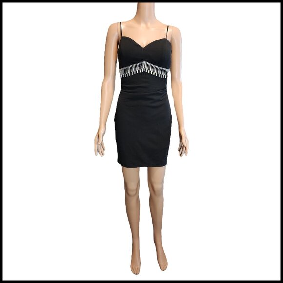 LOVE, NICKIE LEW Rhinestone Fringe Cocktail Minidress NWT BLACK  MED SNAGS - Picture 1 of 11